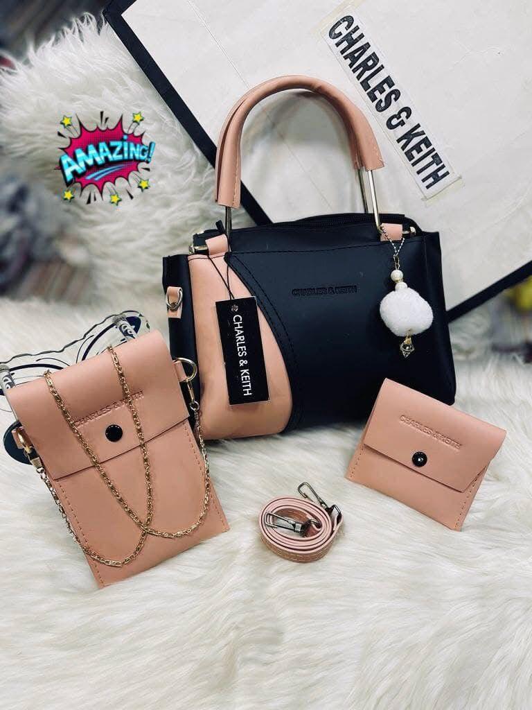 Chic Girl's 3 Pcs Rexine Hand Bag Set - Trendy Plain Frsign
