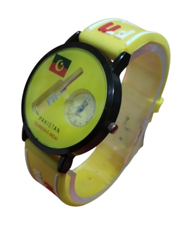 Pti Analog Wrist Watch | Pakistan Tehreek Insaf Wrist Watch For Men | Best Quality Wrist Watch With Analog Display – Cell Operated Watch – Silicone Watch – Yellow Color ( Without Box )
