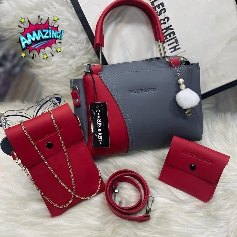 Chic Girl's 3 Pcs Rexine Hand  Bag Set - Trendy Plain Frsign