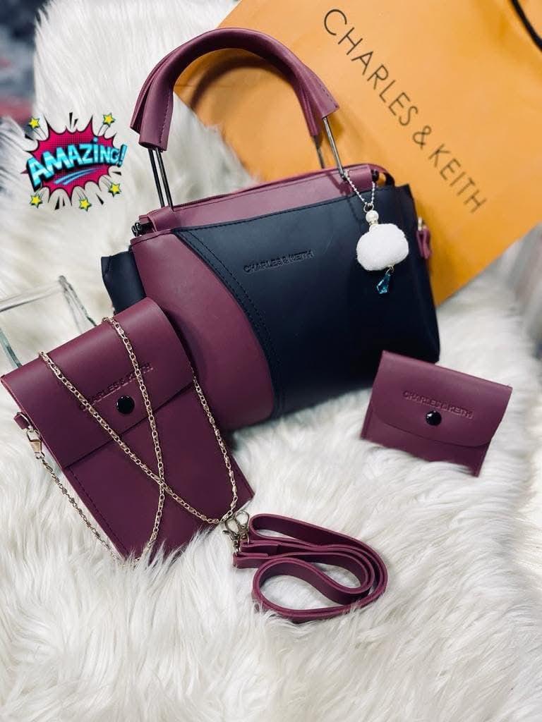 Chic Girl's 3 Pcs Rexine Hand  Bag Set - Trendy Plain Frsign