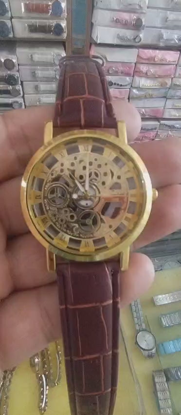 Stylish Leather Watch With Gold-tone Stainless Dial & Brown Strap Without Box