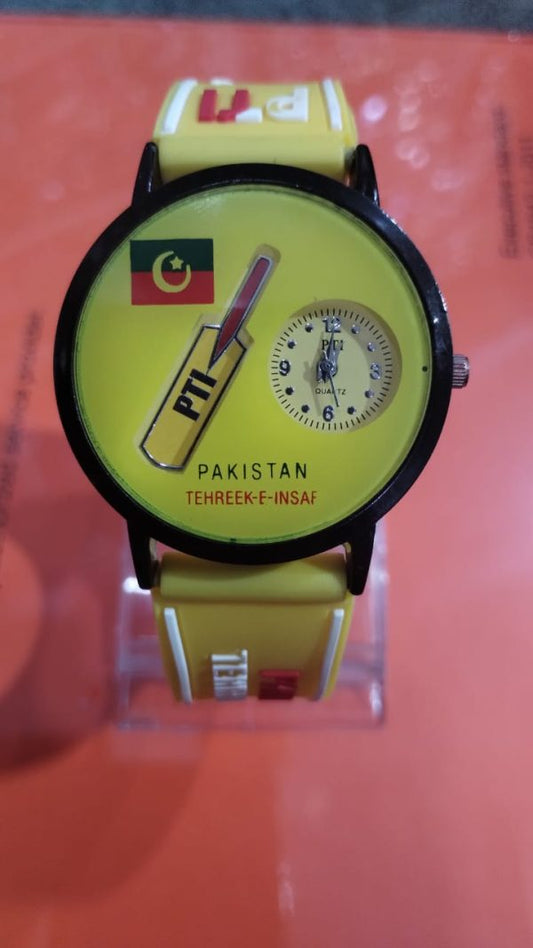 Pti Analog Wrist Watch | Pakistan Tehreek Insaf Wrist Watch For Men | Best Quality Wrist Watch With Analog Display – Cell Operated Watch – Silicone Watch – Yellow Color ( Without Box )